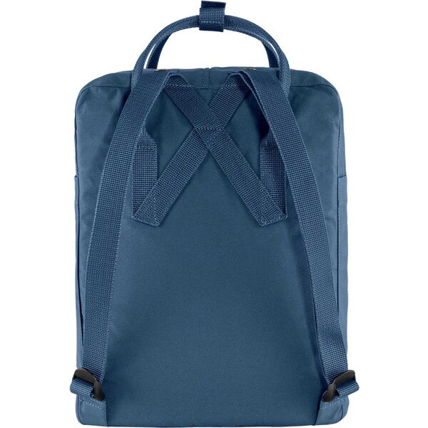 The back of the royal blue fjallraven backpack, with two shoulder straps to carry it as a backpack, and a top strap to carry it as a bag.
